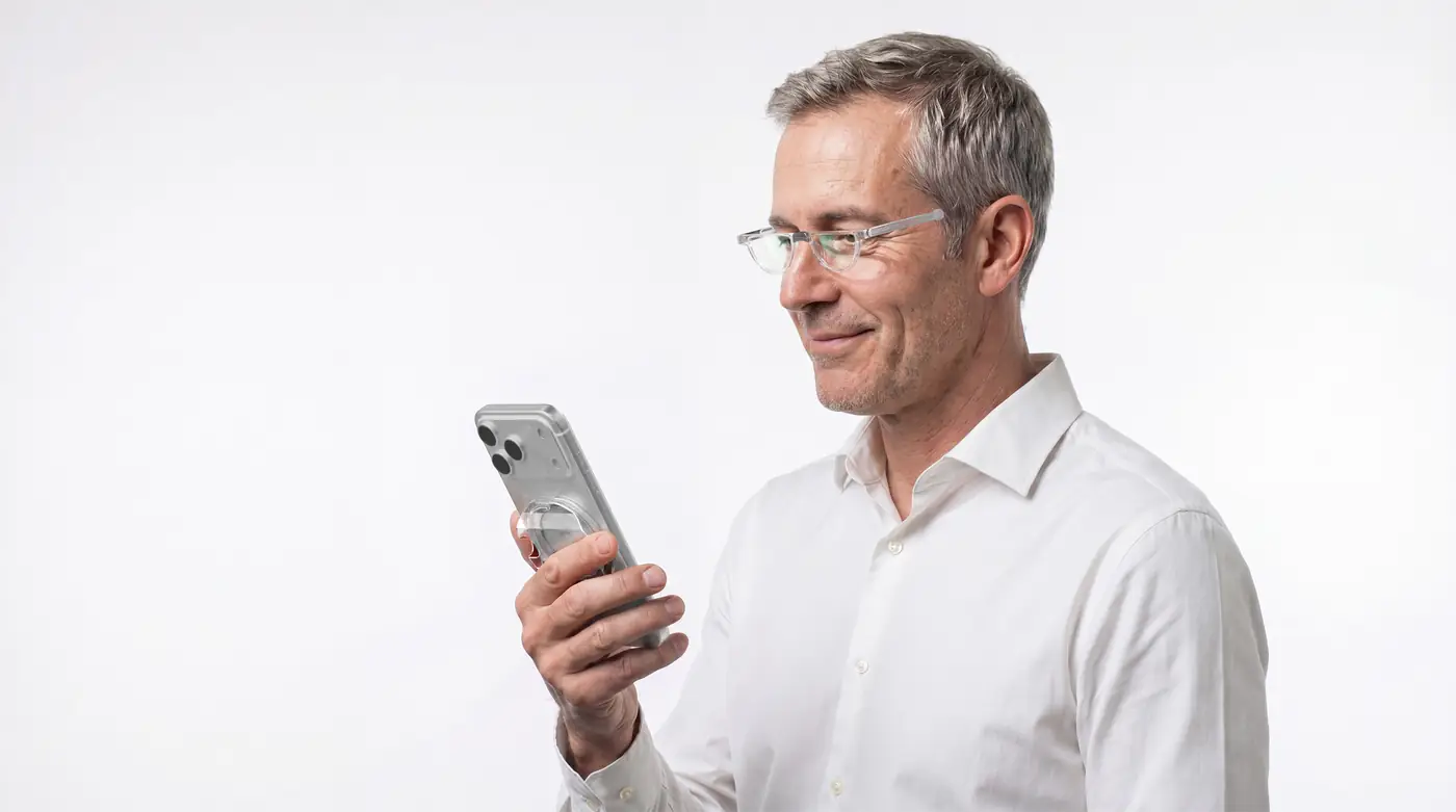 A gray-haired man in a white shirt reading something on his phone