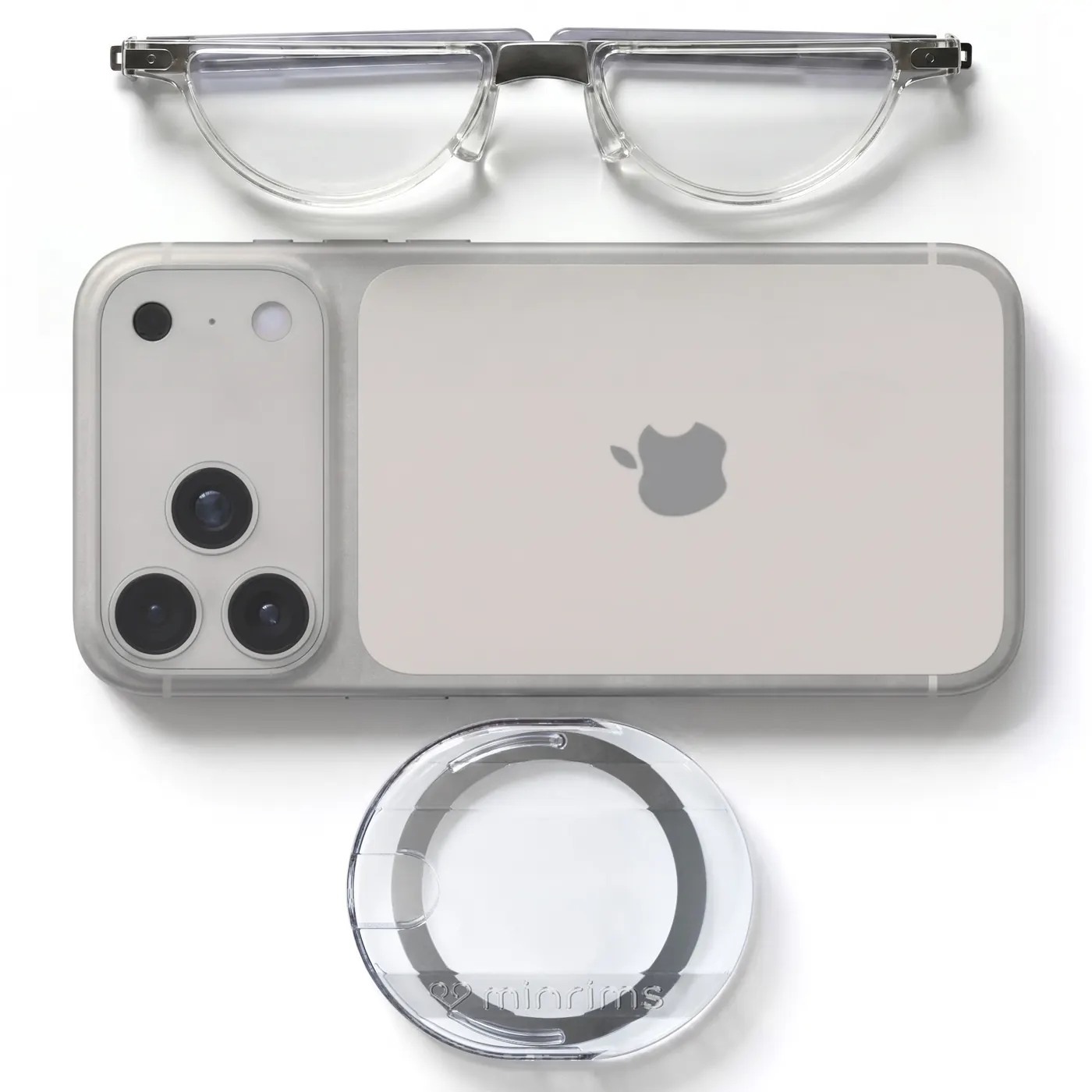 minrims Clear Slim readers unfolded above an iPhone, with the MagSafe case