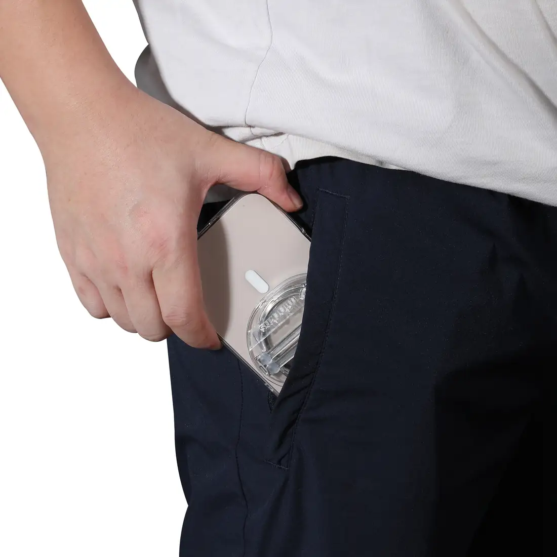 Phone with minrims case sliding into a front pocket